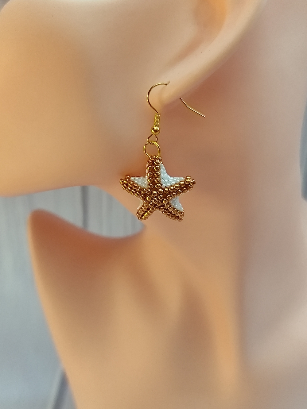Gold and White Starfish Bead Drop Earrings - Women Jewelry